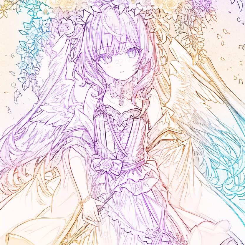 (Standing in heaven overlooking the lower boundary:1),( girl:1.1),(Long With long iridescent hair and various colors:1.3),Messy hair,Rainbow colored eyes and pupils,flat chestm,extremely delicate and beautiful, depth of field,amazing,masterpiece,growth,visual impact, ultra-detailed, highly, Amazing finely detail, angel, angel_wings, feathered_wings, flower,  <lora:line-000011:1>