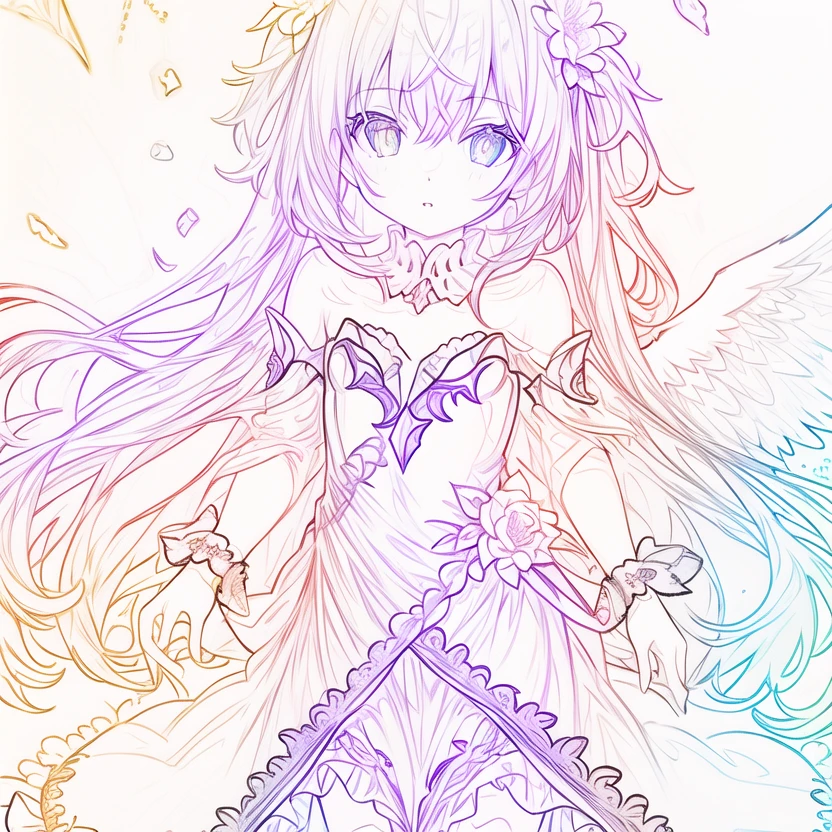 (Standing in heaven overlooking the lower boundary:1),( girl:1.1),(Long With long iridescent hair and various colors:1.3),Messy hair,Rainbow colored eyes and pupils,flat chestm,extremely delicate and beautiful, depth of field,amazing,masterpiece,growth,visual impact, ultra-detailed, highly, Amazing finely detail, angel, angel_wings, feathered_wings, flower, <lora:line-000020:1>