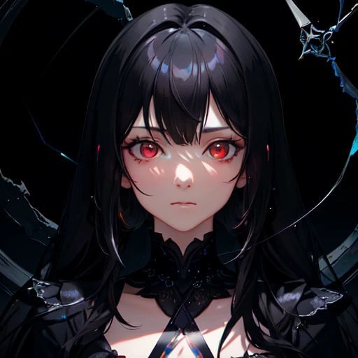 (masterpiece, best quality, ultra-detailed, best shadow), (detailed background,dark fantasy), (beautiful detailed face), high contrast, (best illumination, an extremely delicate and beautiful), ((cinematic light)), colorful, hyper detail, dramatic light, intricate details, (1 girl, solo,black hair, sharp face,low twintails,red eyes, hair between eyes,dynamic angle), blood splatter, swirling black light around the character, depth of field,black light particles,(broken glass),magic circle,