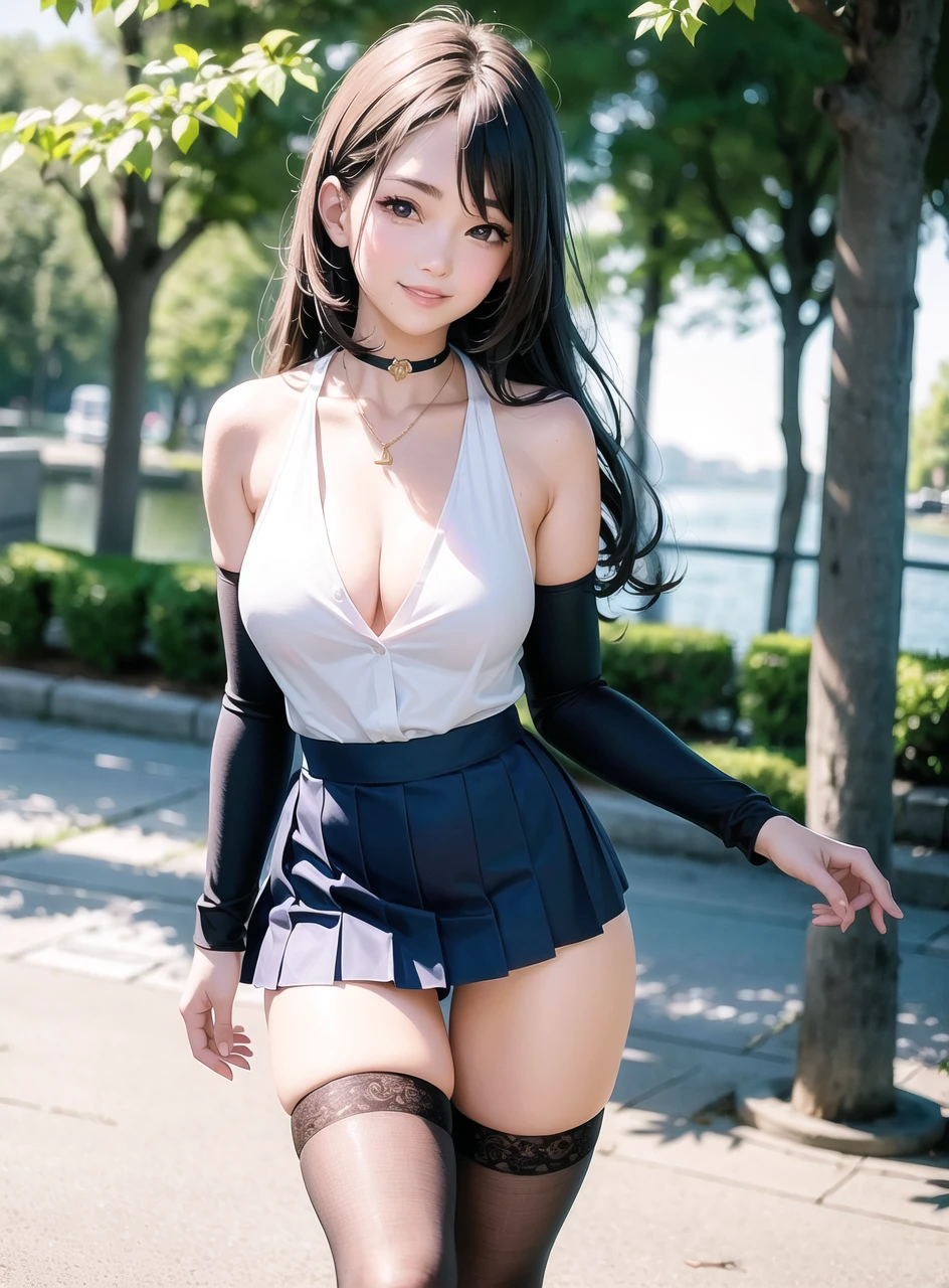 1girl, solo,(best quality),(masterpiece:1.1),(school uniform:1.4), long hair, dress, looking_at_viewer, neck_ribbon, cute, clear facial skin,, <lora:koreanDollLikeness_v10:0.5>,best quality, wavy short hair, ultra high res, (photorealistic:1.4), 1girl, full body,bare shoulders,half body under water,thigh gap,cleavage,revealing,see-through,professional lighting,thighhighs,hairband,sailor collar,necklace,smile,