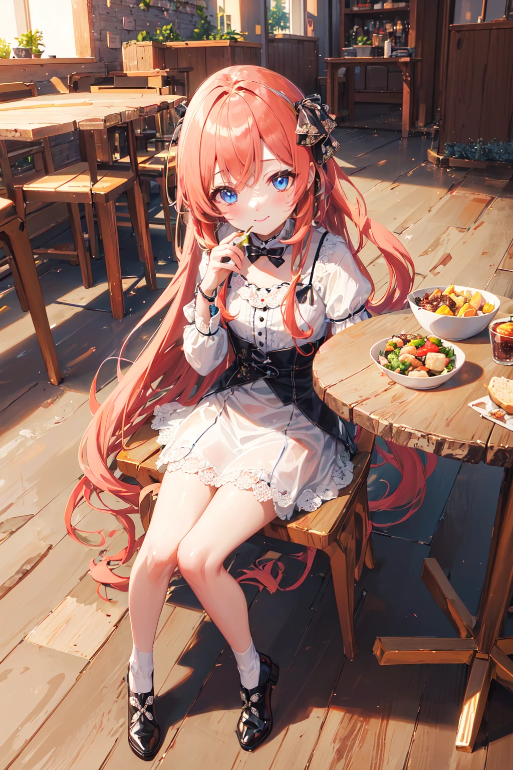 ((masterpiece)), ((top quality, best quality)),
1girl, full body, big eye, (kawaii, cute girl, small face, very long hair, :1.2), BREAK
(detailed background:1.4), ultra-detailed background,
open cafe, sit on chair, Have a meal, Delicious looking food,