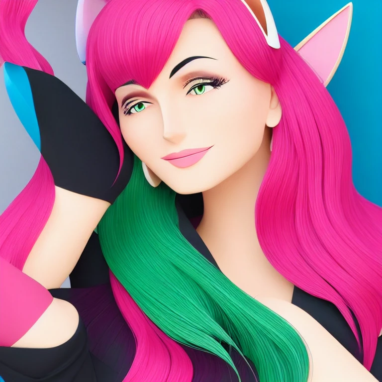 cat  ears, profile, deformed background, flat color, solo, close-up (mature) face, illustration, many layers, limited tone, isometric, dribbble style illustration, vivid pink hair, clear eyes, colored_skin, green_hair, jacket, long_hair, looking_at_viewer, parted_lips, smile, solo