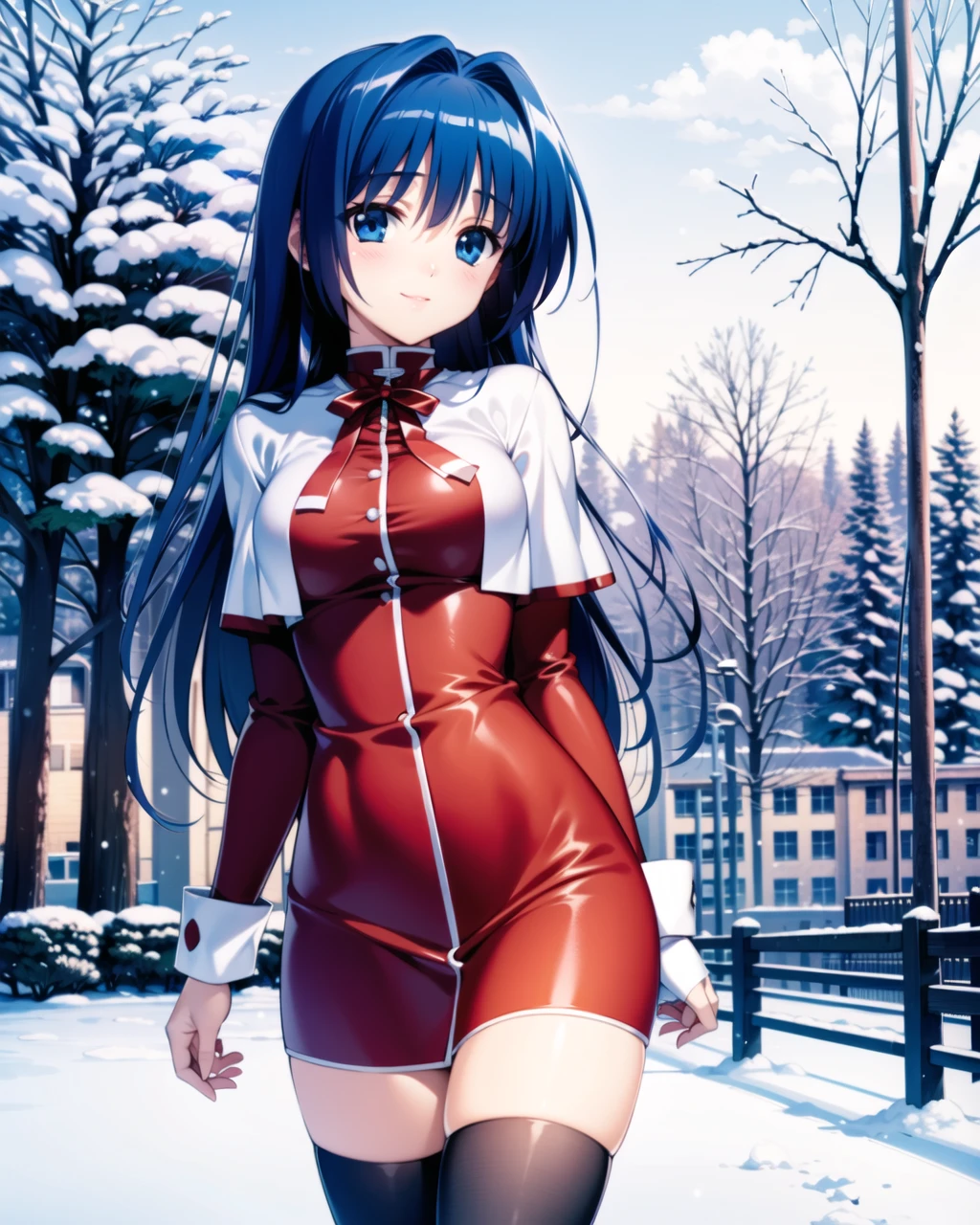 ((masterpiece)), ((best quality)), ((highres)), ((extremely detailed CG unity 8k wallpaper)), solo, medium breasts, <lora:minase nayuki:0.6>, minase nayuki, (kanon uniform), blue hair, black stockings, outdoors, snow, smile