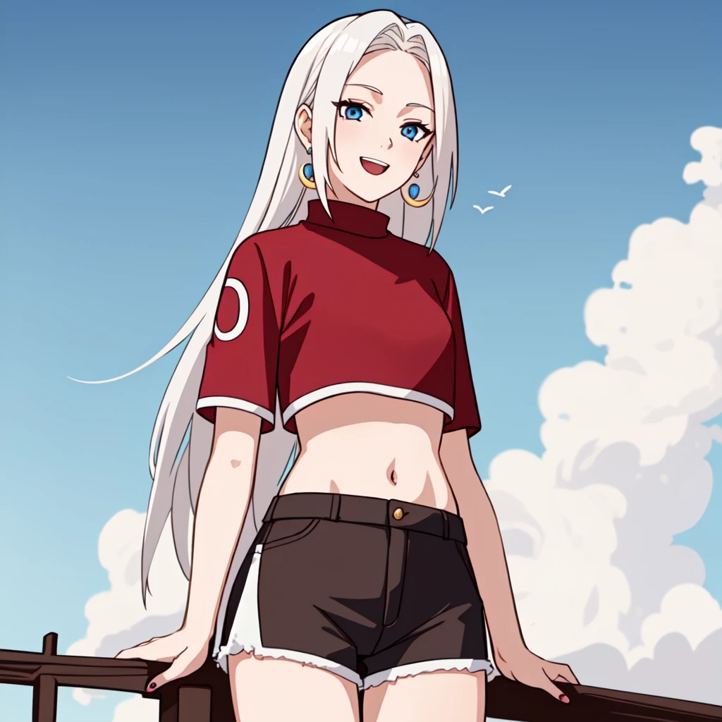 masterpiece, best quality, 1girl, long white hair, blue eyes, red crop top, black shorts, mesh undershirt, happy, big earrings, (falling in the sky:1.2), <lora:KM_NarutoS-V2:0.9>