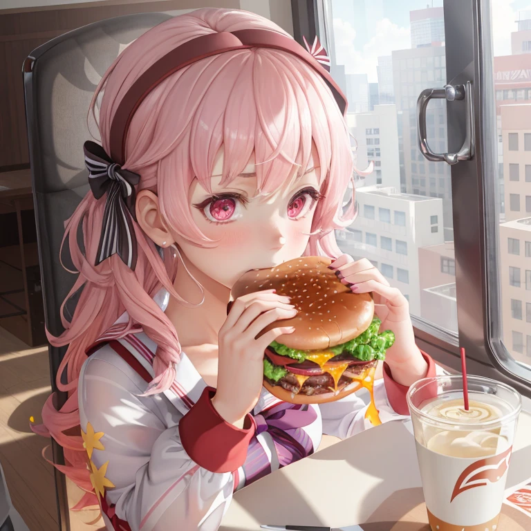 masterpiece,ultra high quality cg, 1girl, schoolgirl uniform, pink hair, close-up, two-handed burger, holding a huge burger with both hands, eating