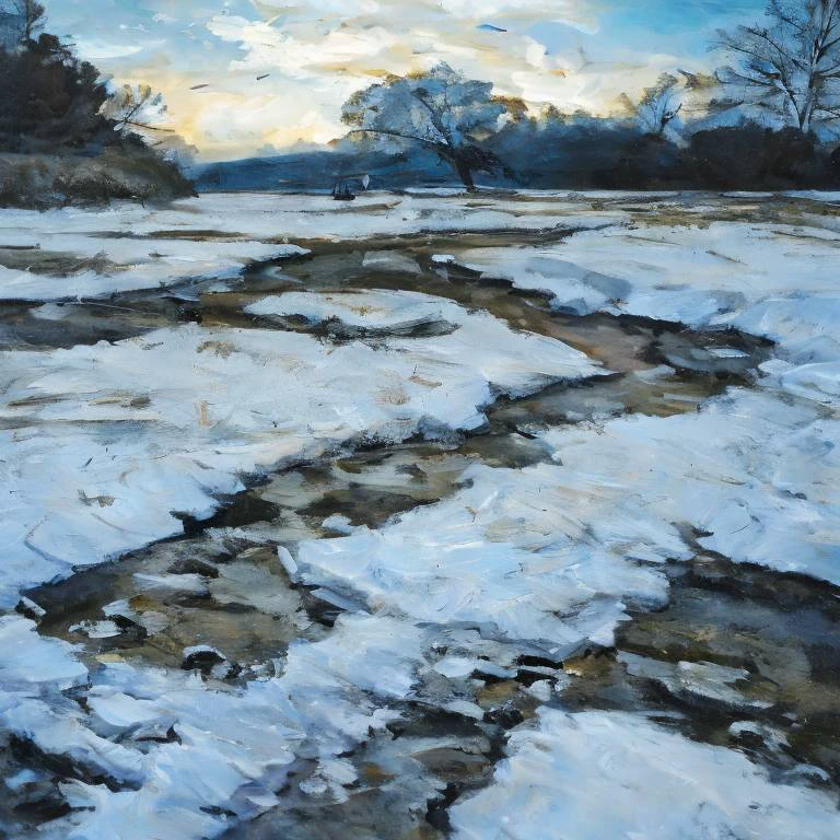 melting snow at spring, lights in puddles, blue hour, sunset, long shadows, sunset light,highly detailed, sharp focus, professional, 4k, max detail, god rays, highres,high detail, sharp focus, smooth, aesthetic, extremely detailed,