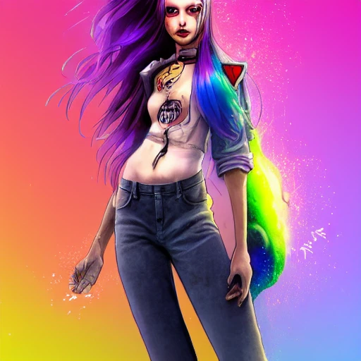 dreamlikeart, a grungy woman with rainbow hair, travelling between dimensions, dynamic pose, happy, soft eyes and narrow chin, extreme bokeh, dainty figure, long hair straight down, torn kawaii shirt and baggy jeans, In style of by Jordan Grimmer and greg rutkowski, crisp lines and color, complex background, particles, lines, wind, concept art, sharp focus, vivid colors