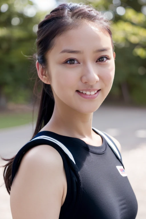 (4k,   best quality, highres:1.2), (realistic, photo-realistic:1.37),  Emi Takei, 1girl, solo,  looking at viewer, pale skin, (fine complexion:1.3), smile, school uniform,  school swimsuit,