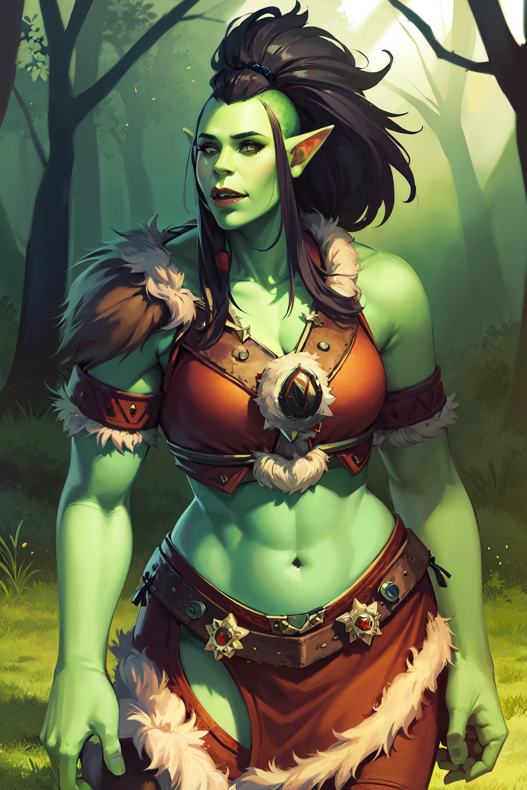 1girl, beautiful shewoworc, tusks, green skin, red armor, puldrons, fur trim, black hair, mohawk, forest, tree, grass, volumetric lighting, best quality, masterpiece, realistic <lora:sxz-orcs:0.7>