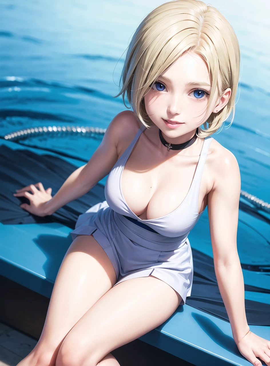 best quality, masterpiece, blue eyes, looking at viewer, (school uniform:1.3), upper body, <lora:koreanDollLikeness_v10:0.5>,best quality, wavy short hair, ultra high res, (photorealistic:1.4), 1girl, full body,bare shoulders,half body under water,thigh gap,cleavage,revealing,see-through,professional lighting,thighhighs,hairband,sailor collar,necklace,smile,