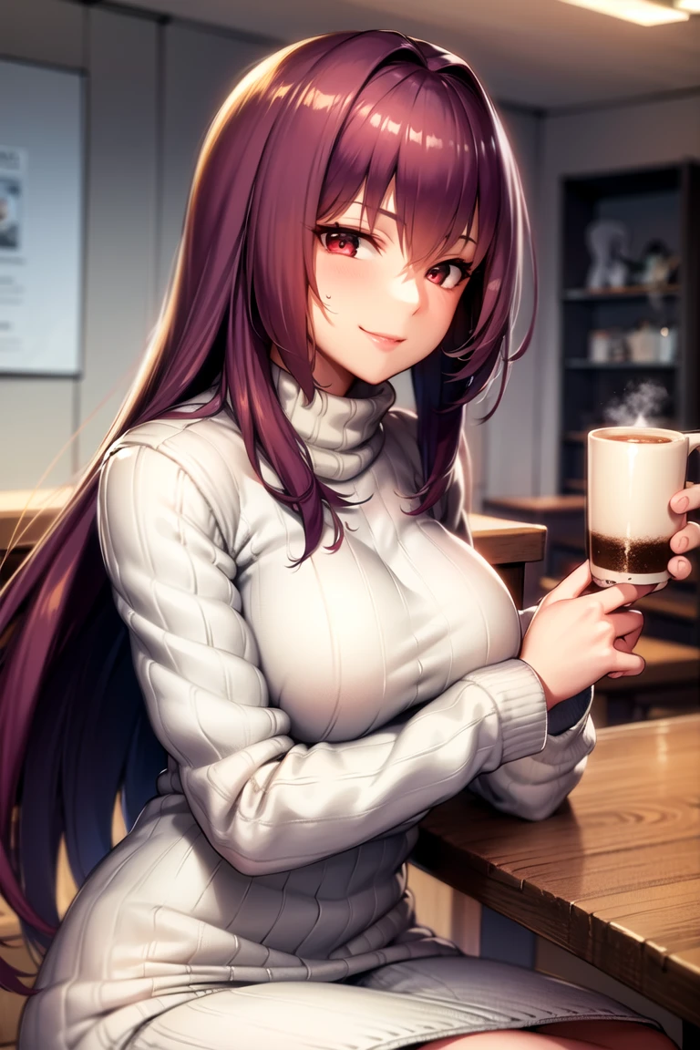 <lora:scathach:0.8>, scathach, scathachSweater, masterpiece, best quality, absurdres, 1girl, cafe, indoors, window, crowd, coffee, sitting, steam, looking at viewer, upper body, smile, hanging light, ceiling light, potted plant