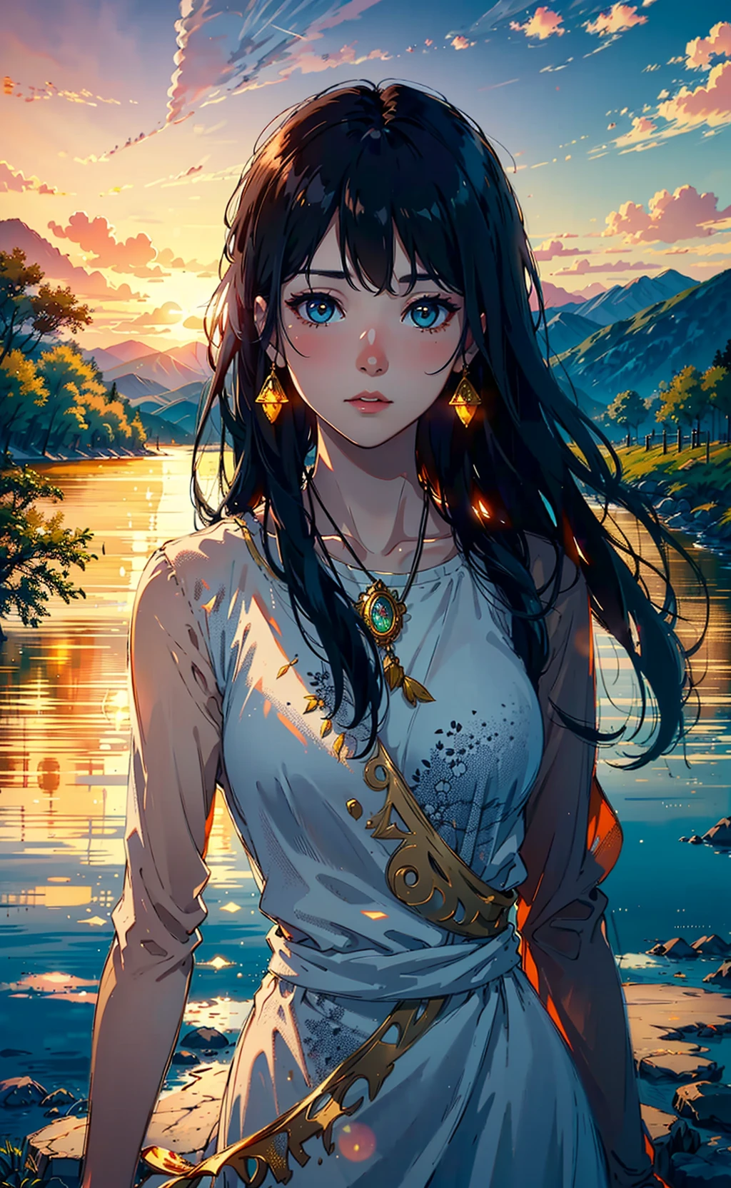 1 girl, serene expression, mesmerizing eyes, straight long hair, flowing dress, poised posture, porcelain skin, subtle blush, crystal pendant
BREAK
golden hour, (rim lighting):1.2, warm tones, sun flare, soft shadows, vibrant colors, painterly effect, dreamy atmosphere
BREAK
scenic lake, distant mountains, willow tree, calm water, reflection, sunlit clouds, peaceful ambiance, idyllic sunset, ultra detailed, official art, unity 8k wallpaper
, zentangle, mandala