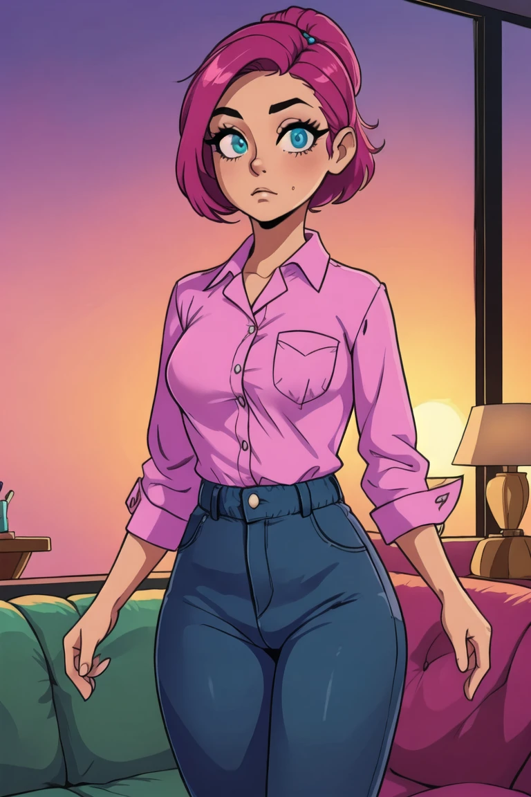 girl, (eyes, eyeshadow, detailed eyes), (hotify,digital art,fit,hot body,instagram:1.2),(teacher:1.4), (Sunset,Living room Background:1.4),Pear Body,Normal Breasts,(Standing with hands in pockets),Short Hair,Ponytail,(lilac Hawaiian Shirt,aquamarine Bell Bottoms:1.3),LoL,Eyeliner ,(masterpiece,detailed,highres:1.4)