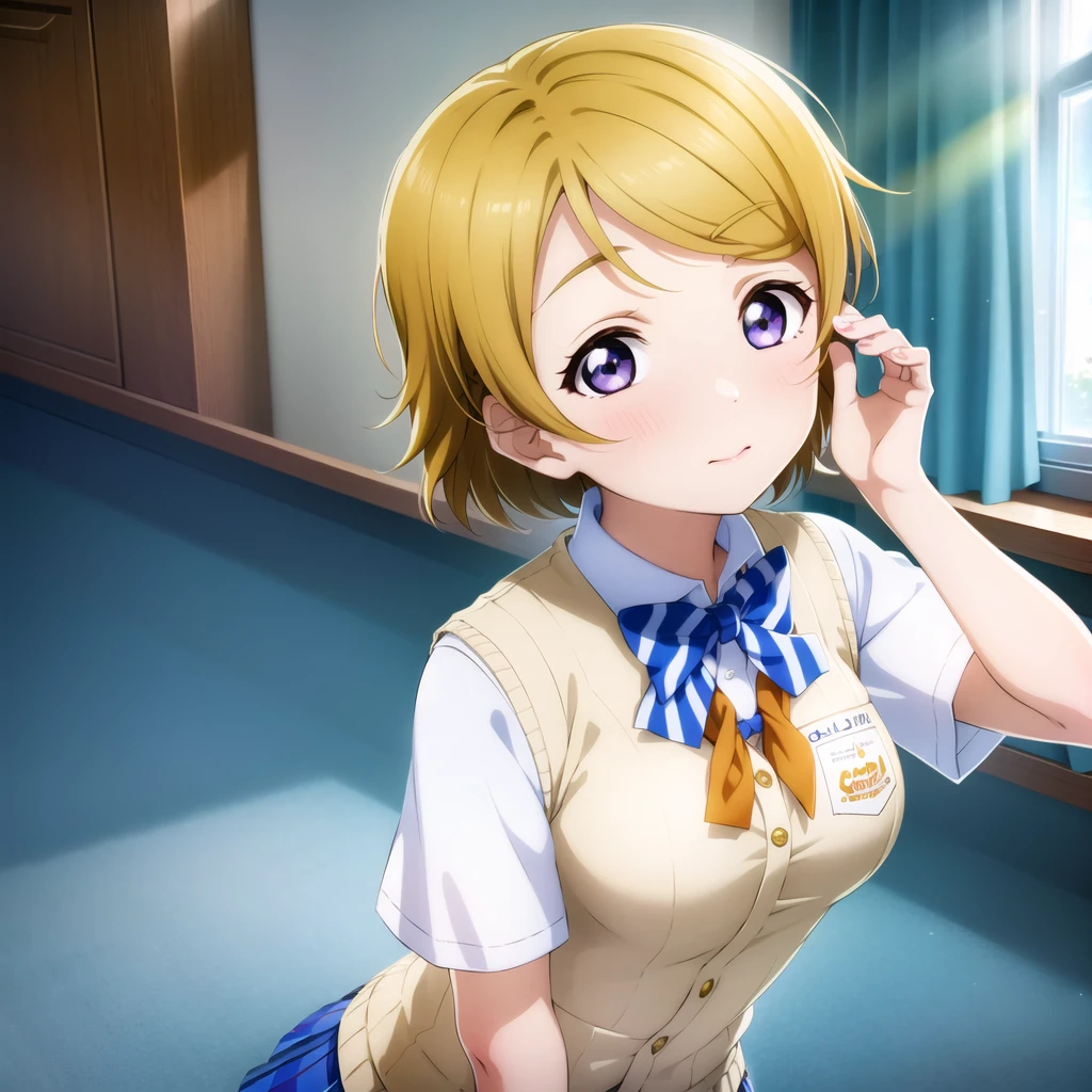 1girl, solo,(best quality),(masterpiece:1.1),Koizumi Hanayo ,(school uniform:1.4),dress, looking_at_viewer, neck_ribbon, cute, clear facial skin,