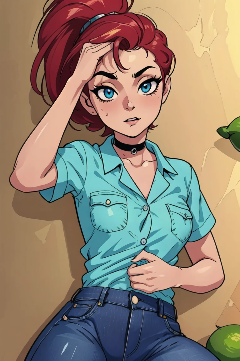 girl, (eyes, eyeshadow, detailed eyes), (hotify,digital art,fit,hot body,instagram:1.2),(ancient:1.4), (Modern,Kitchen Background:1.4),Skinny,Voluptuous,(Lying face down, head toward the camera),Very Short Hair,Pompadour,(lime Hawaiian Shirt,scarlet Jeans:1.3),idolmaster shiny colors,Choker ,(masterpiece,detailed,highres:1.4)