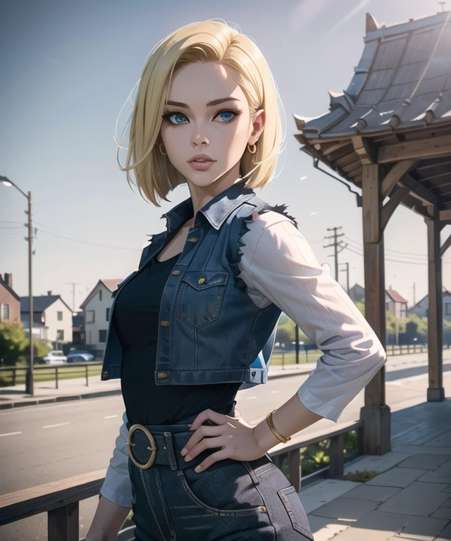 (masterpiece), (high quality), woman in her 20s, android_18, (perfect face), defined jawline, beautiful lips, (short blonde straight bob cut hair), (beautiful bright blue eyes), (perfect anatomy), athletic body, (sexy, muscular), (perfect hands), (hands on waist), small simple gold earrings, (black shirt under blue denim vest), long white sleeves, (black pants), (looking at viewer), (medium shot photograph), countryside village background, (trending on ArtStation, trending on CGSociety), (by Artgerm), (by Beln Ortega), (by Dan Mora), (by Terry Dodson), octane render, unreal engine, modelshoot style, realistic, <lora:android1818DragonBall_v1:0.5>