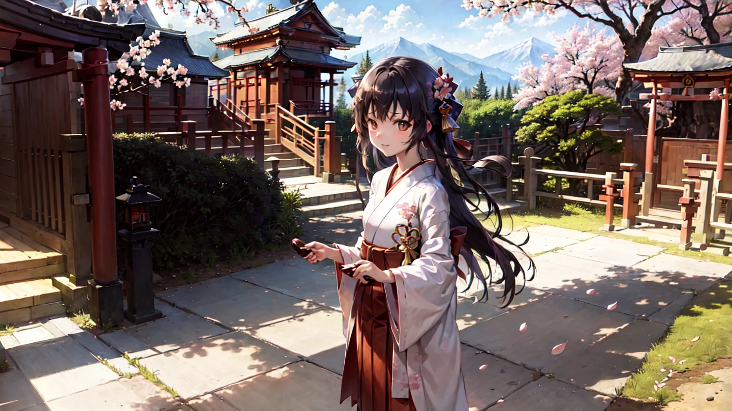 masterpiece, best quality, ultra-detailed, illustration, (1girl:1.2), solo, extremely cute, teen, outdoors, morning, japanese shrine, shrine maiden, miko clothes, white chihaya, (red long hakama:1.2), (cherry blossom:1.3), cherry blossom hair accessory, black hair, long hair, walking, nature, mountain, beauty, cute, red torii gate, clear sky, relaxing, comfortable, warming, (spring flowers:1.1), smiling, fantasy, imaginary, mythically, shadows, shiny, dynamic, alive, landscape, peaceful, serene, quiet, tranquil, intuition, adaptability, creativity, imagination, artistry, inspiration, awe, wonder, gratitude, appreciation, enjoyment, mindfulness, awareness, connection, harmony, balance, texture, detail, realism, depth, perspective, composition, color, light, shadow, reflection, refraction, tone, contrast, foreground, middle ground, background, naturalistic, figurative, representational, impressionistic, expressionistic, abstract, innovative, experimental, unique, <lora:mikoClothes_v1:0.4>