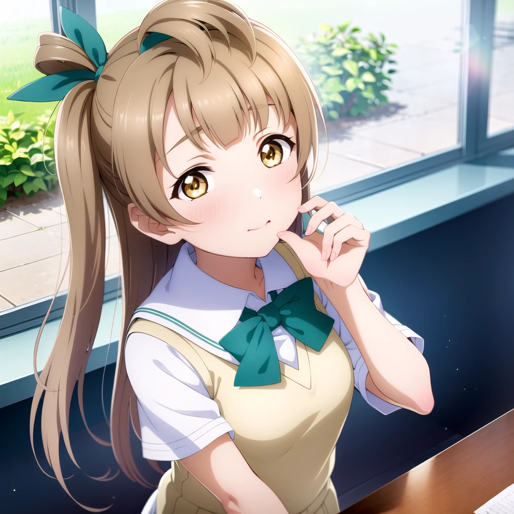 1girl, solo,(best quality),(masterpiece:1.1),Minami Kotori ,(school uniform:1.4),dress, looking_at_viewer, neck_ribbon, cute, clear facial skin,