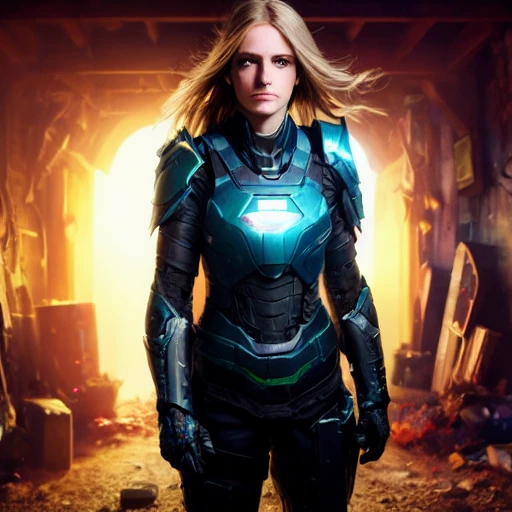 dark and gloomy full body 8k unity render, female cyborg, Blue yonder hair, wearing broken battle armor, at cluttered and messy shack , action shot, tattered torn shirt, porcelain cracked skin, skin pores, detailed intricate iris, very dark lighting, heavy shadows, detailed, detailed face, (vibrant, photo realistic, realistic, dramatic, dark, sharp focus, 8k)<lora:LORA320protogenInfinityX86:1>