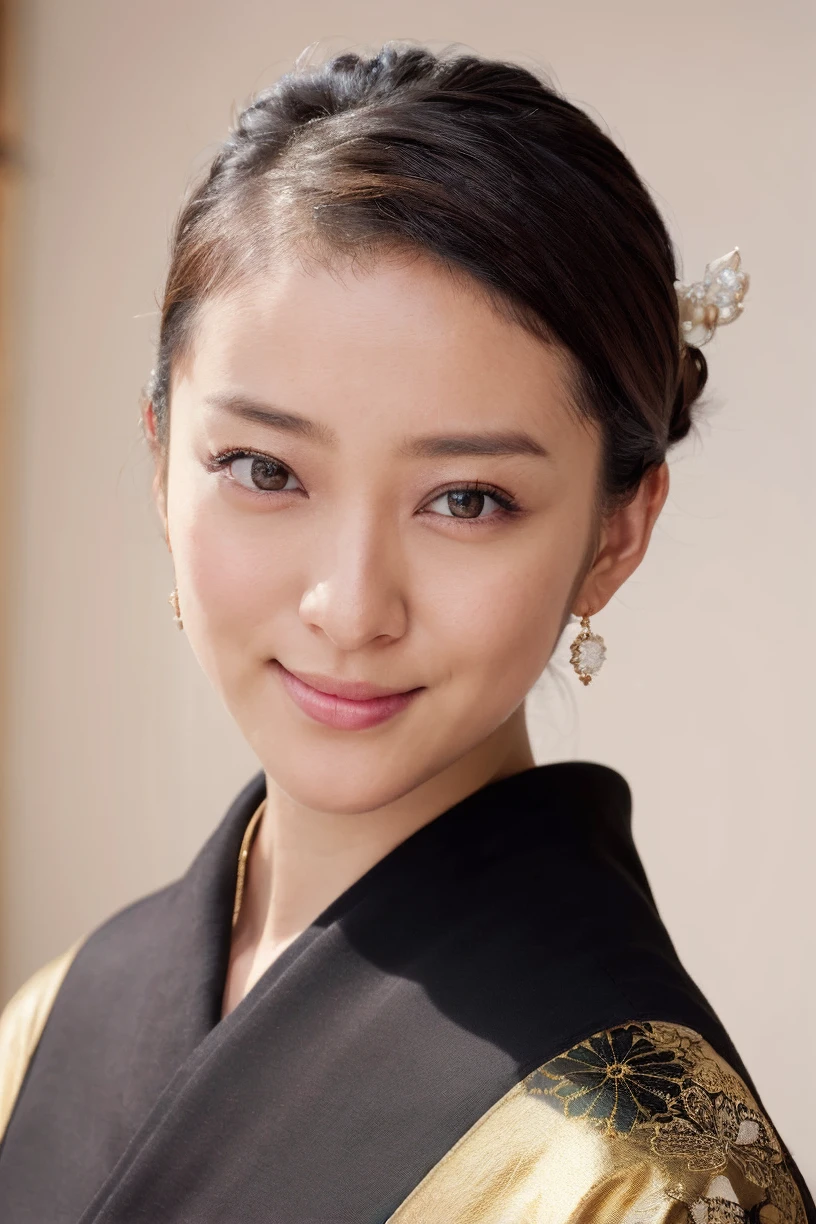 (4k, best quality, highres:1.2), (realistic, photo-realistic:1.37), Emi Takei,
1girl, detailed eyes, smile, earrings, jewelry, black_hair, brown_eyes, lips, kimono, obi, luxury kimono, golden kimono, (facing viewer, looking at viewer:1.8),