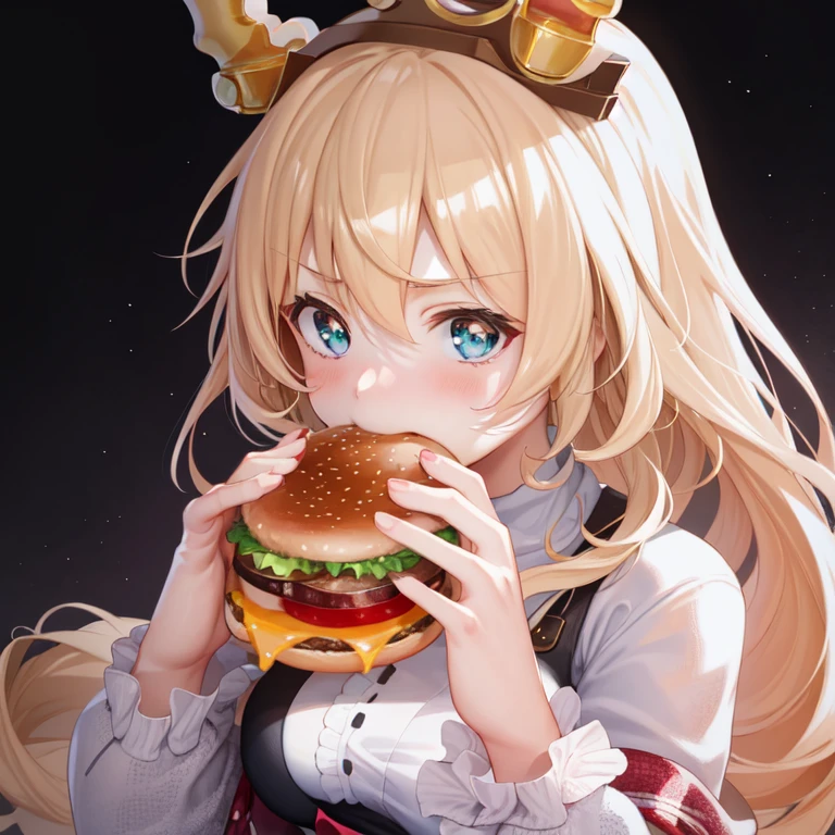 masterpiece,ultra high quality cg, 1girl, blonde hair, close-up, two-handed burger, holding a huge burger with both hands, eating