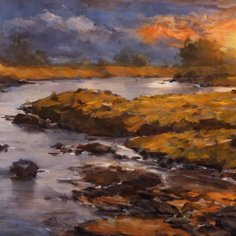 a painting of wooden house near a river, sunset, blue hour, highly detailed, sharp focus, professional, 4k, max detail, god rays, highres,high detail, sharp focus, smooth, aesthetic, extremely detailed