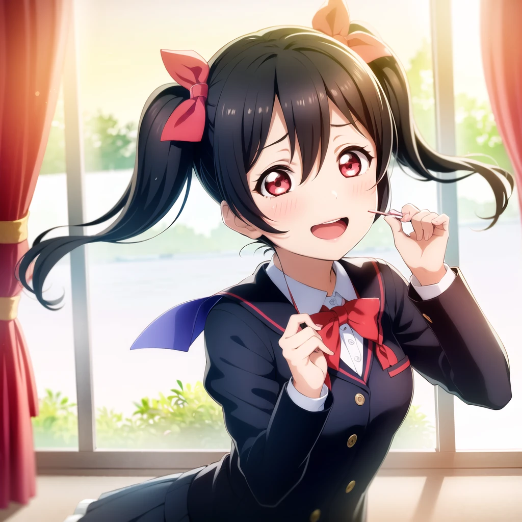 1girl, solo,(best quality),(masterpiece:1.1),Yazawa Nico ,(school uniform:1.4),dress, looking_at_viewer, neck_ribbon, cute, clear facial skin,