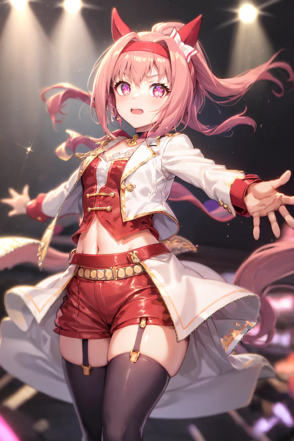 (((Masterpiece)), Full Body ((Super detail, top quality, high resolution, 8k wallpaper)) (One girl) (pink hair, long hair, straight hair, both sides up)) (green eyes), eyeshadow, eyeliner, glow eyes, hyper detail eyes, complex eyes, beautiful eyes, (glowing pink pupils)) 18-year-old girl. miko clothes,red hakama,. Seductive smile, small breasts, action poses, acrobatic poses, kicks, flames, burning, flame circles