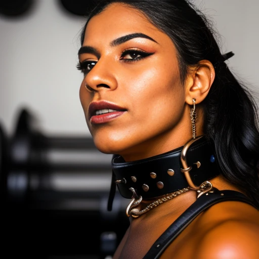 RAW photo of a sexy 25y.o.  latina collared girl, leather choker, metal buckle, mechanical shackle, intense facial expression, closed mouth, (submissive pose), industrial scene, sweaty, modelshoot style, Fujifilm XT3, DSLR, film grain, bokeh, high quality, (high detail skin:1.2) <lora:collared:1>