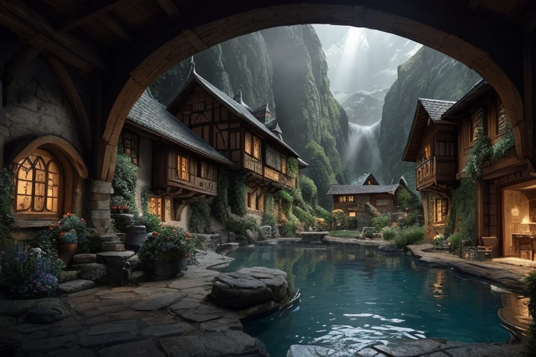 the hobbit, tolkien, a medieval village in switzerland with river and pool, ornate, beautiful, atmosphere, vibe, flowers, concept art illustration, greg rutowski, volumetric lighting, sunbeams, particles, <lora:epiNoiseoffset_v30:1>, oversaturate, intricate, volumetric lighting, beautiful, rich deep colors masterpiece, sharp focus, perfect composition, intricate detailed octane render perfect composition, beautiful detailed intricate insanely detailed, cinematic perfect light, chiaroscuro, masterpiece