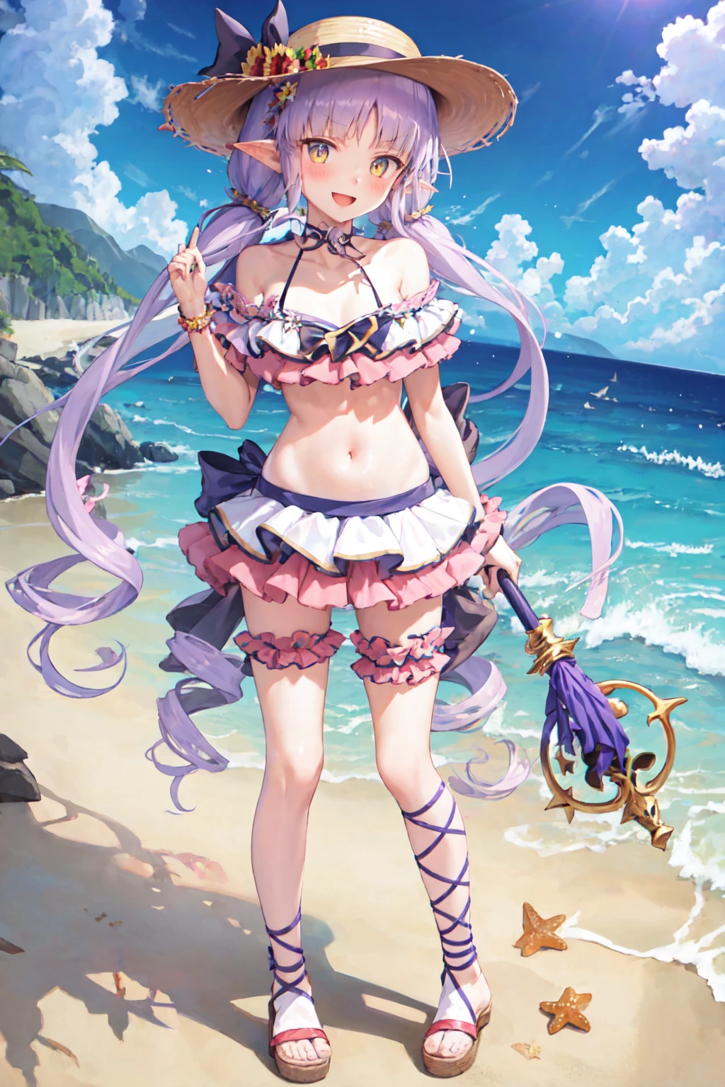 "Pink medium hair, bikini, purple eyes, anime illustration, beach, smile, quadratic"