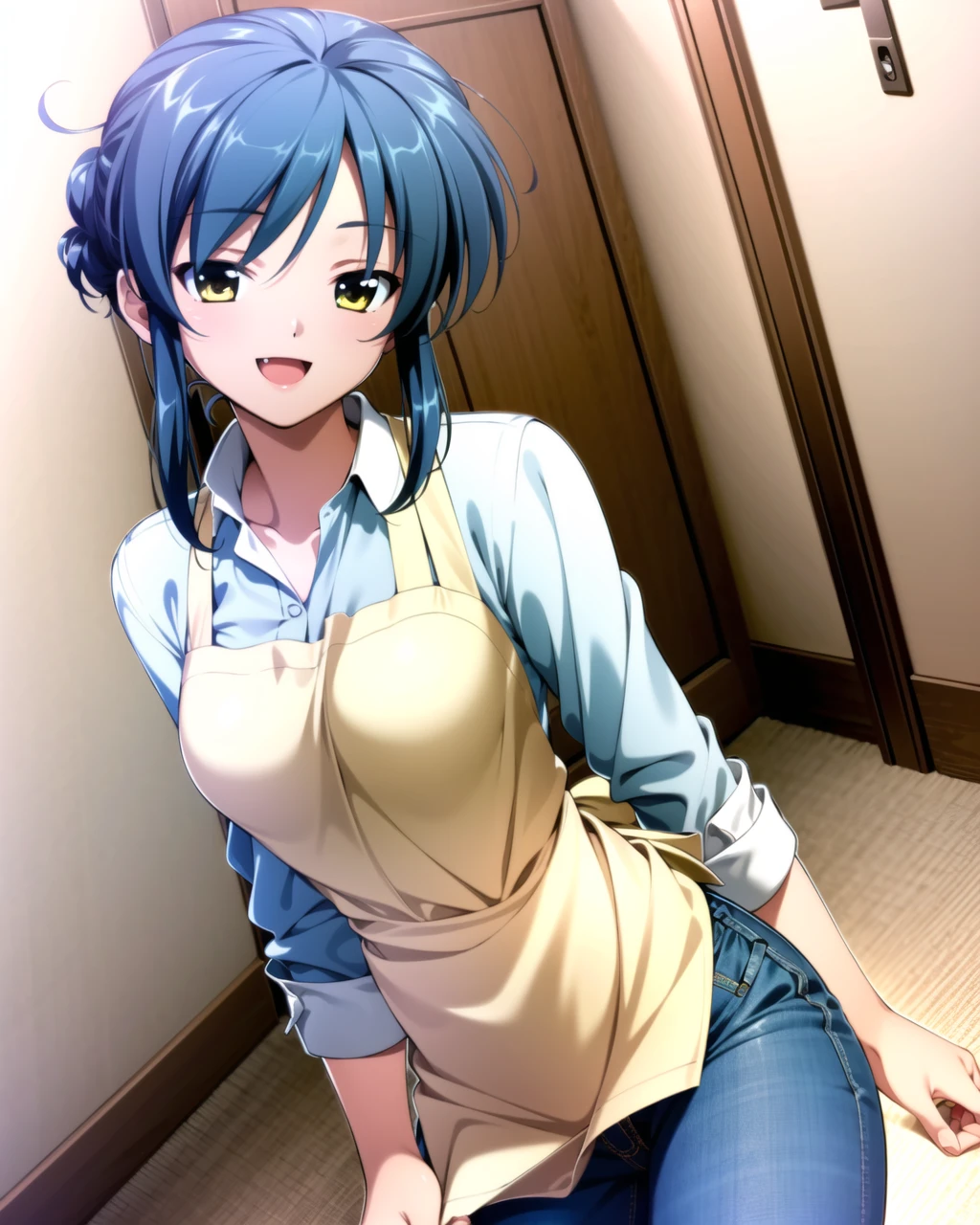 ((masterpiece)), ((best quality)), ((highres)), ((extremely detailed CG unity 8k wallpaper)), solo, <lora:sagara misae:0.8>, sagara misae, white shirt with yellow apron, jeans, smile, open mouth, fang, hallway