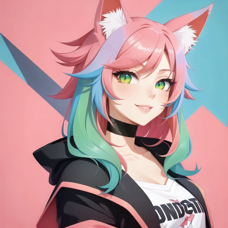 cat  ears, profile, deformed background, flat color, solo, close-up (mature) face, illustration, many layers, limited tone, isometric, dribbble style illustration, vivid pink hair, clear eyes, colored_skin, green_hair, jacket, long_hair, looking_at_viewer, parted_lips, smile, solo