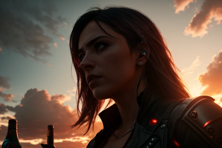 dark and gloomy 8k photo, cyberpunk saloon, action shot, sunset, detailed, detailed face, (vibrant, photo realistic, realistic, dramatic, dark, sharp focus, 8k)