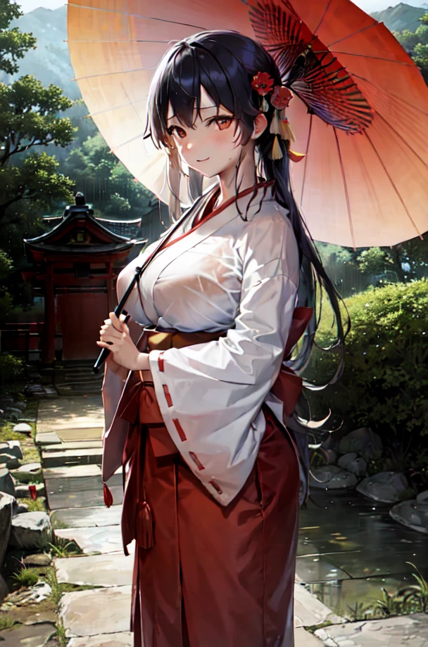 masterpiece, best quality, ultra-detailed, illustration, (1girl:1.2), solo, extremely cute, teen, gigantic breasts, outdoors, japanese shrine, shrine maiden, miko clothes, red hakama, white chihaya, black hair, long hair, walking, red japanese umbrella, summer, rainy, rain, cloudy, squall, nature, moistly, beauty, cute, red torii gate, wet, smiling, fantasy, imaginary, mythically, shadows, dynamic, landscape, peaceful, serene, quiet, tranquil, intuition, adaptability, creativity, imagination, artistry, inspiration, awe, wonder, gratitude, appreciation, enjoyment, mindfulness, awareness, connection, harmony, balance, texture, detail, realism, depth, perspective, composition, color, light, shadow, reflection, refraction, tone, contrast, foreground, middle ground, background, naturalistic, figurative, representational, impressionistic, expressionistic, abstract, innovative, experimental, unique, <lora:mikoClothes_v1:0.4>