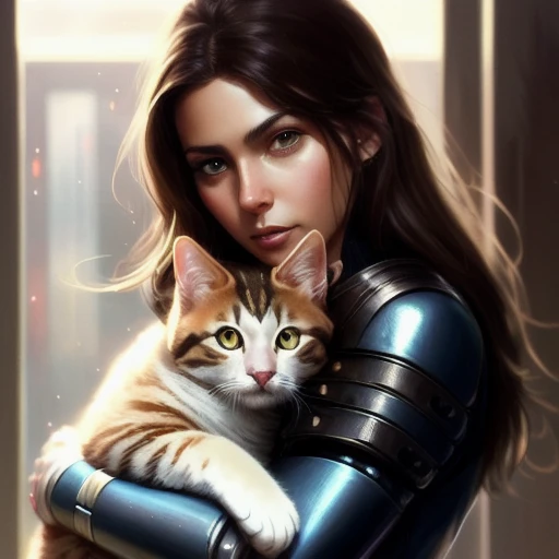 modelshoot style, (extremely detailed 8k wallpaper) ,A detailed portrait of a cute calm brunette woman hugging a tabby cybernetic cat illustrator, by justin gerard and greg rutkowski, digital art, realistic painting, dnd, character design, trending on artstation