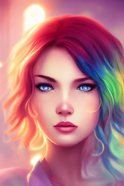 digital illustration style, book cover, incredibly detailed, 1girl, rainbow hair, kimono, summer time, heterochromia, looking_at_viewer, short_hair, solo, foggy future cinematic lighting, wlop, art by artgerm, anidzk2