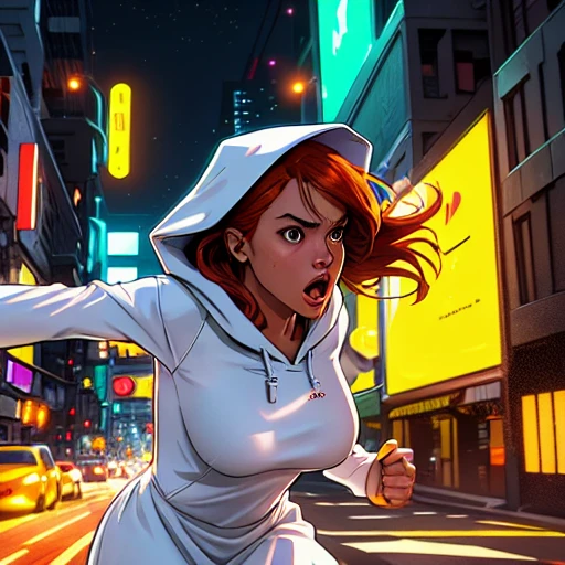 Close up image of 2 subjects, 1girl with auburn colored hair, wearing long sleeve white dress with hood, (running towards camera), (woman looks scared), frightened, running for her life, running away from man wearing armor, getting grabbed by man, down a dirty city alley, futuristic city at (night:1.4), blue and yellow neon signs, chase scene, action scene, thick outlines, comic book style, dynamic camera angle, realistic skin, realistic hands, perfect hands, action lines, motion blur background<lora:LORA1024CV1024comicBabes_v1:1>