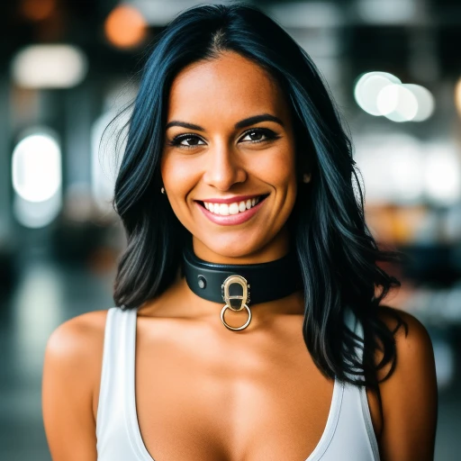 RAW photo of a sexy 30y.o. slim white woman collared, wearing casual clothes, smiling facial expression, bratty pose, industrial scene, sweaty, modelshoot style, Fujifilm XT3, DSLR, film grain, bokeh, high quality, (high detail skin:1.2)  <lora:collared:1>