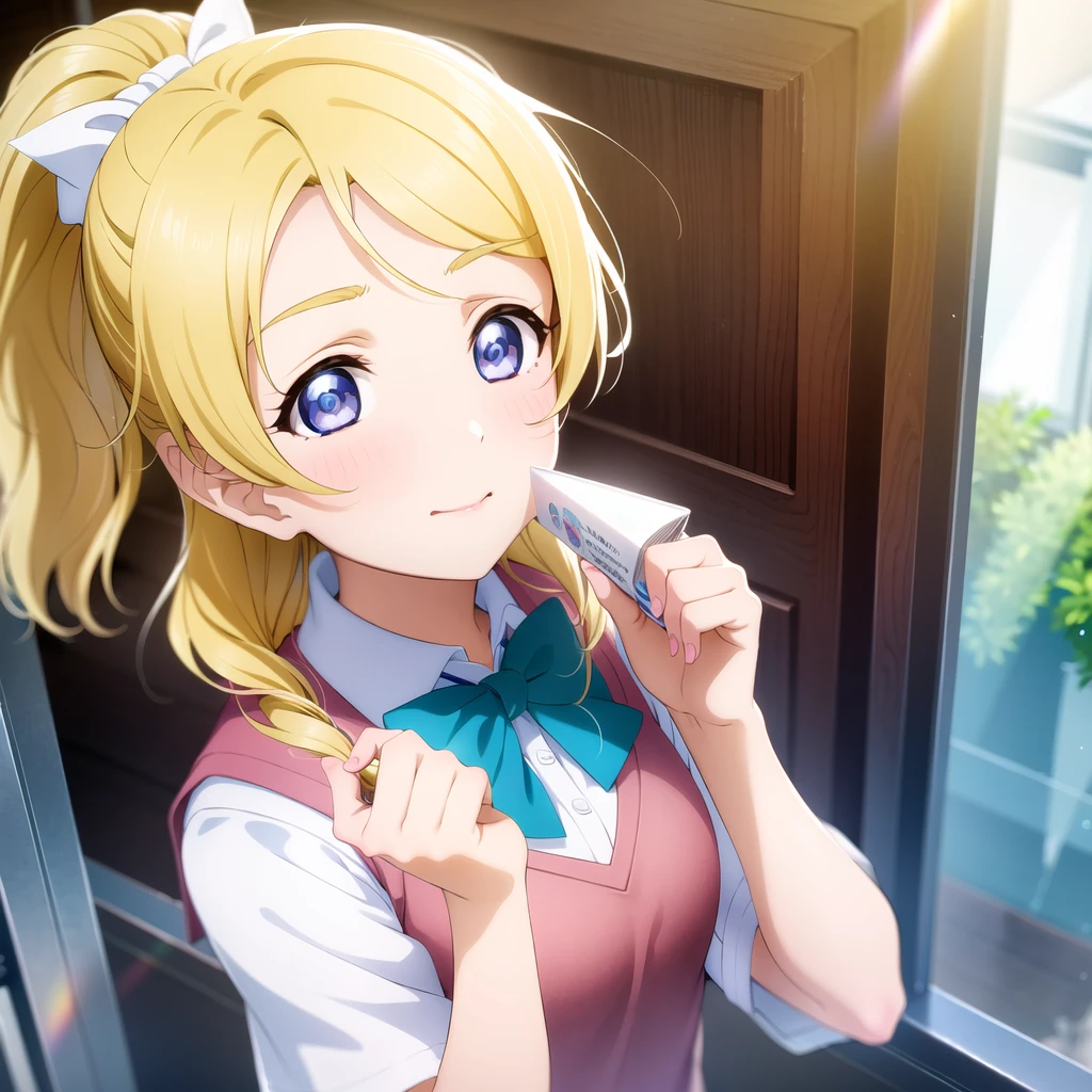 1girl, solo,(best quality),(masterpiece:1.1),Ayase Eli ,(school uniform:1.4),dress, looking_at_viewer, neck_ribbon, cute, clear facial skin,
