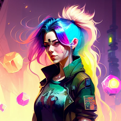 dreamlikeart, a grungy woman with rainbow hair, travelling between dimensions, dynamic pose, happy, soft eyes and narrow chin, extreme bokeh, dainty figure, long hair straight down, torn kawaii shirt and baggy jeans, In style of by Jordan Grimmer and greg rutkowski, crisp lines and color, complex background, particles, lines, wind, concept art, sharp focus, vivid colors<lora:LORA1024CV1024dreamlikeDiffusion10_10:1>