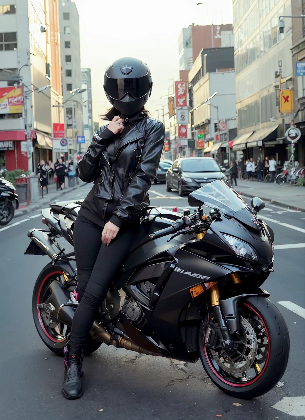 far shot,((a person wearing a black jacket and black motorbike helmet)), wearing a huge diamond necklace, leaning on a red yhmotorbike on a city street, posing for a picture, very small breasts, long leg, very detailed, big warm grin <lora:yhmotorbikev0.9-000001:0.8>