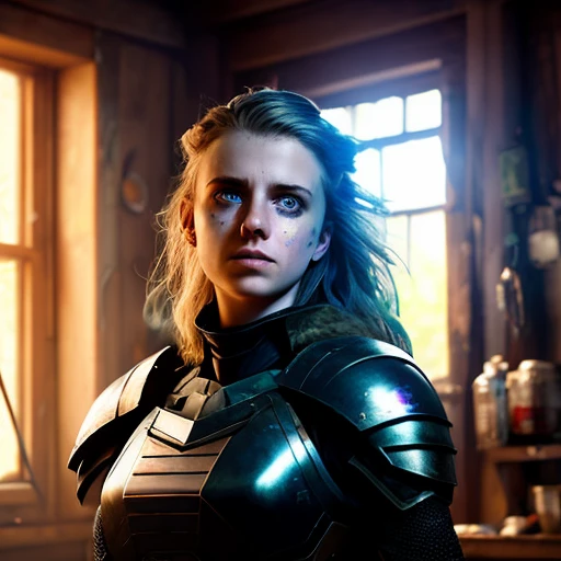 dark and gloomy full body 8k unity render, female cyborg, Blue yonder hair, wearing broken battle armor, at cluttered and messy shack , action shot, tattered torn shirt, porcelain cracked skin, skin pores, detailed intricate iris, very dark lighting, heavy shadows, detailed, detailed face, (vibrant, photo realistic, realistic, dramatic, dark, sharp focus, 8k)