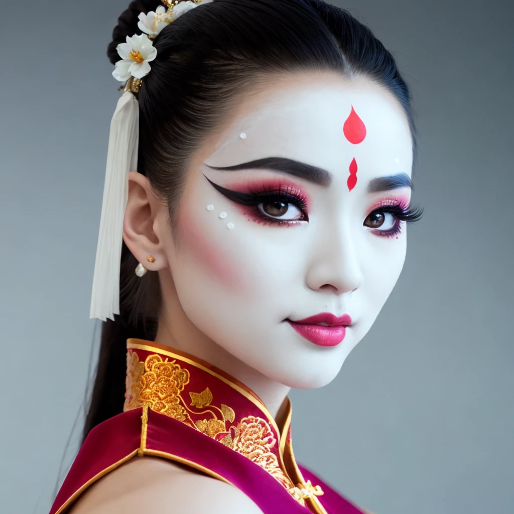 (nsfw), A cinematic film still, of (beautiful elegant traditional Chinese dancer), clothed, (wearing [traditional|skimpy] Chinese dress),  (white face paint:1.2), (black eyeliner), (small breast), on dim lit stage, volumetric fog, ((detailed skin textures)), shallow depth of field, cinematic lighting, subsurface scattering, photographed on Sony a9 II, 35mm lens, (highly detailed:1.2), (sharp focus), (dull background colors, vivid foreground colors), Award-winning photograph, ((perfect face))