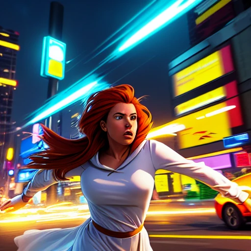 Close up image of 2 subjects, 1girl with auburn colored hair, wearing long sleeve white dress with hood, (running towards camera), (woman looks scared), frightened, running for her life, running away from man wearing armor, getting grabbed by man, down a dirty city alley, futuristic city at (night:1.4), blue and yellow neon signs, chase scene, action scene, thick outlines, comic book style, dynamic camera angle, realistic skin, realistic hands, perfect hands, action lines, motion blur background<lora:LORA320comicBabes_v1:1>