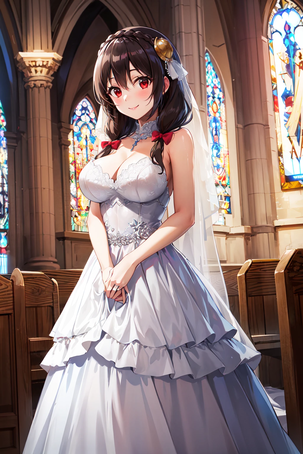 masterpiece,best quality, highres, yunyun1, 1girl, red eyes, solo, braid, long hair, large breasts, hair ornament, black hair, hair bow, crown braid, brown hair, twintails, <lora:yunyun_v1:0.6>, wedding dress, bridal veil, church, smile,