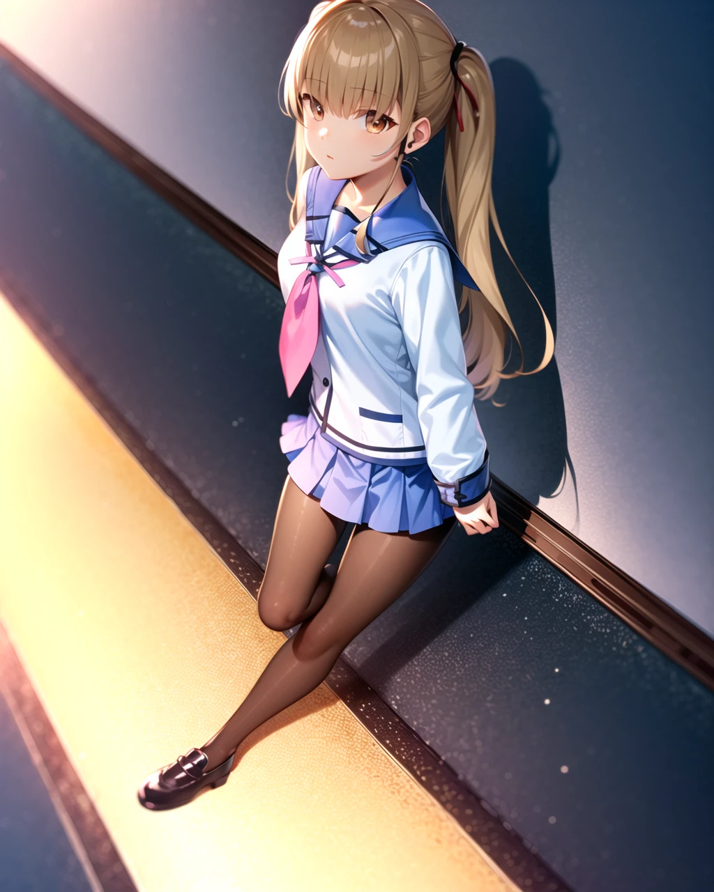 ((masterpiece)), ((best quality)), ((highres)), ((extremely detailed CG unity 8k wallpaper)), solo, <lora:yusa:1>, yusa, angel beats uniform, black leggings, hiding behind a corner,