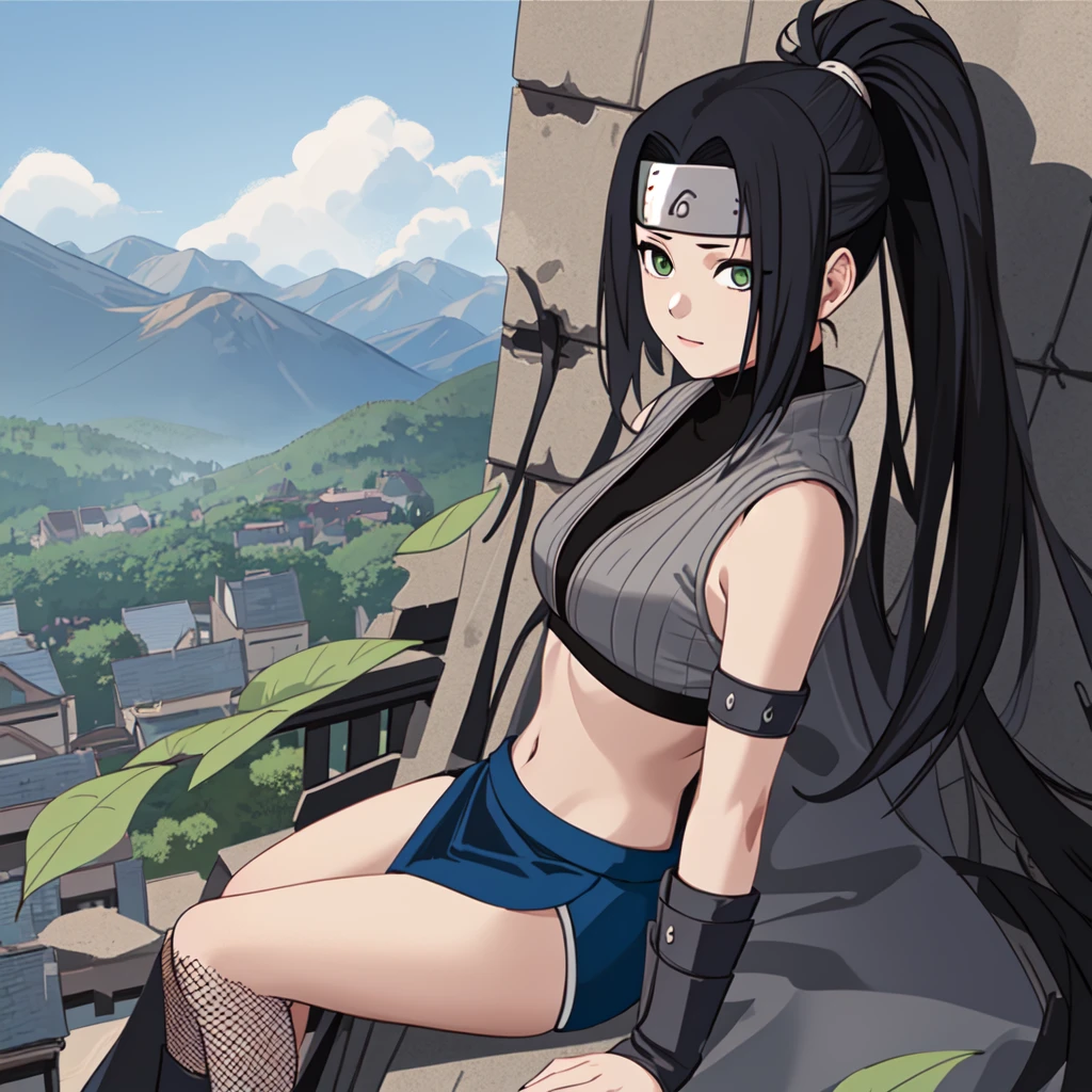 best quality, extremely detailed, 1girl, shinobi, kunoichi, shinobi, ninja, female focus, sitting perched atop a building, (dynamic angle, dynamic composition) black_hair, green_eyes, grey coat, fishnet undergarments, crop top, ((forehead protector)) ((leaf village in the background)), surrounded by mountains, blue sky, clouds <lora:KM_NarutoS-V2:0.9>