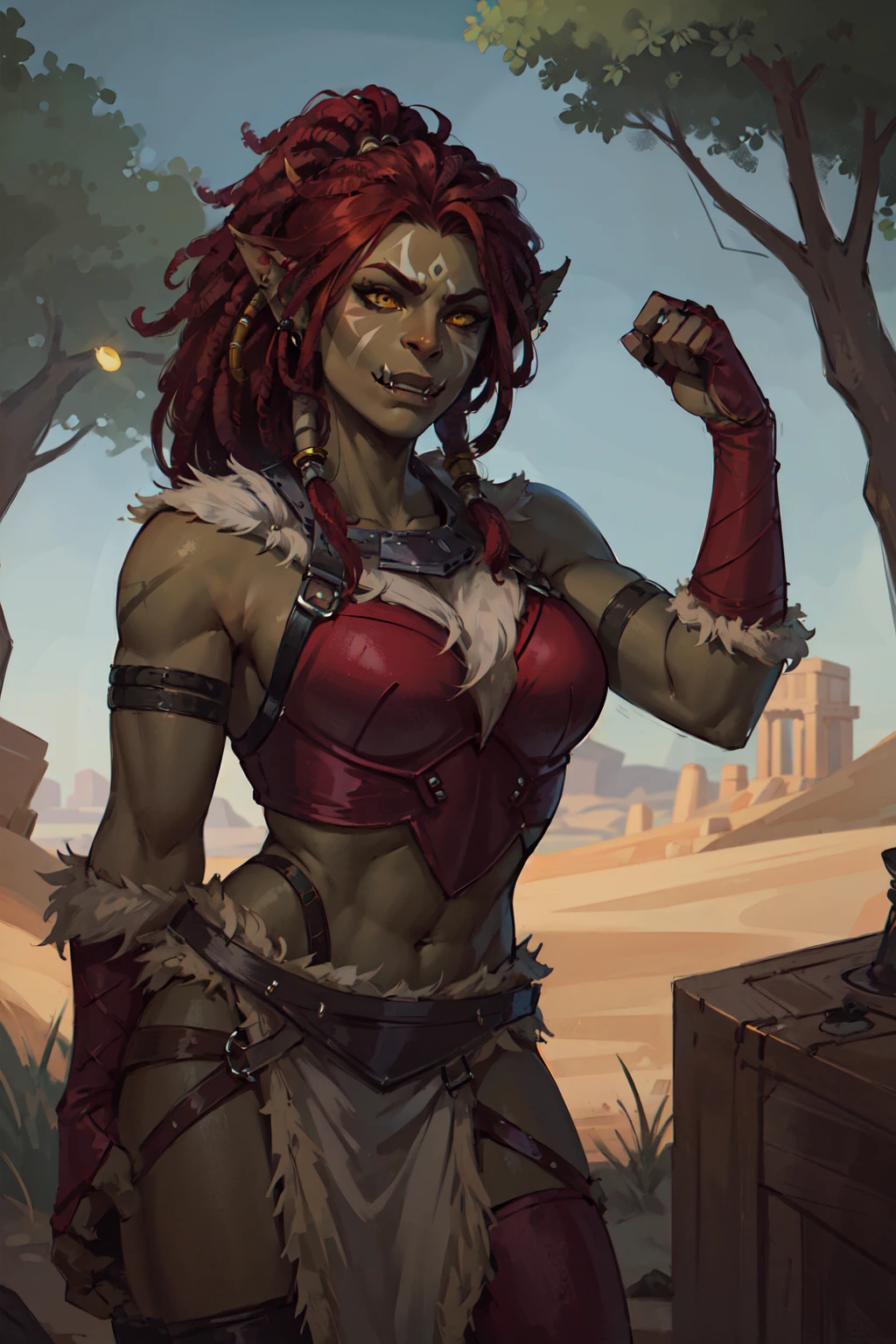 1girl, beautiful shewoworc, fangs out, tusks, dark grey skin, dark-skinned female, facepaint, red armor, puldrons, fur trim, red hair, dreadlocks, yellow eyes, desert, tree, grass, volumetric lighting, best quality, masterpiece <lora:sxz-orcs:0.7>