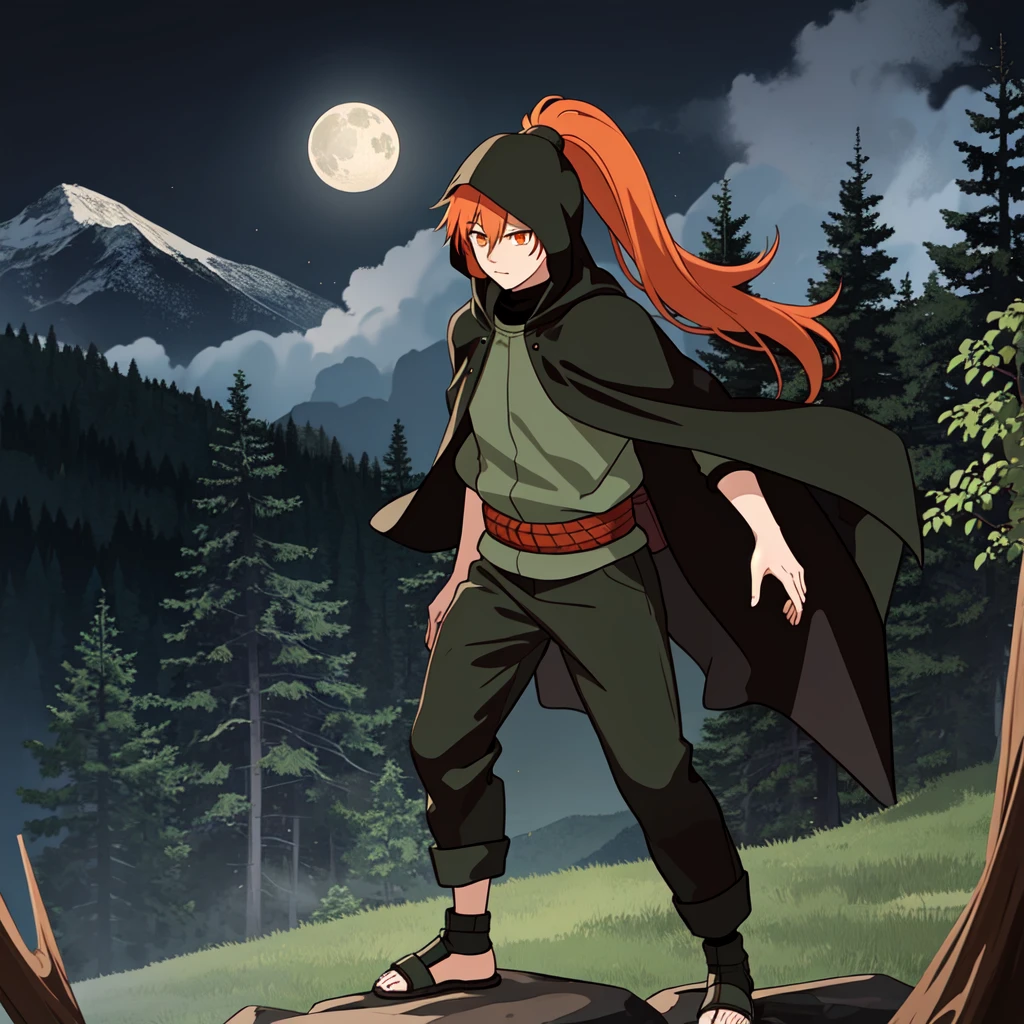1boy, ninja, shinobi, 

standing in a forest at night, full of trees, mountains in the background,  fog, night sky, full moon, 

(long hair, high ponytail, red_hair, orange_eyes, bangs)

(black pants and army green flak jacket, black cloak with hood, open-toe shoes)

rocky terrain, grass, forest floor, bushes, 

low light, dynamic composition, masterpiece,  <lora:KM_NarutoS-V2:0.9>